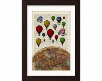 Top of the World Heißluftballon Druck auf umfunktioniert180 Vintage Enzyklopädie Seite Mixed Media original digitale Buchseite