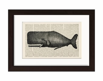 Impresión de ballena - muy vieja ballena grabado antiguo ( 1800) Impresión en Vintage Repurposed Diccionario Página de medios mixtos digital