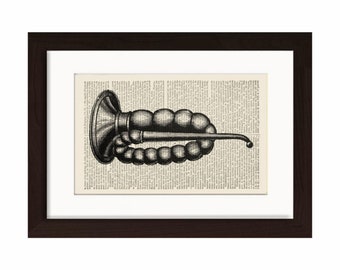 Antique Ear Trumpet Engraving Print on vintage upcycled page