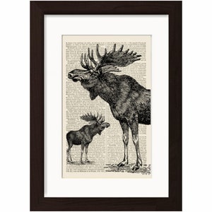 Two Moose Print on vintage French English Dictionary Page