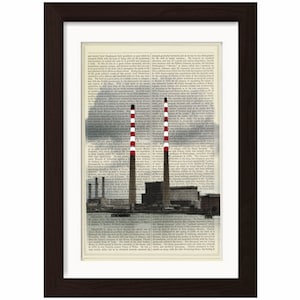 Dublin Poolbeg Power Station Mixed Media Acrylic Paint Print on repurposed 1880&#39;s Page mixed media digital print