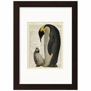 Emperor Penguin and Chick  Print on Upcycled 1896 Latin English Dictionary Page mixed media art prrint digital collage