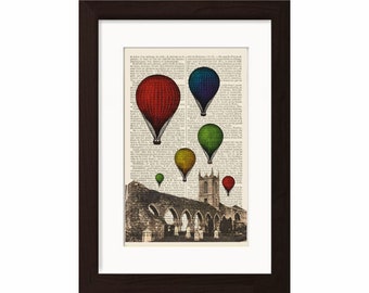 Hot Air Balloons over Baltinglass Abbey  Print on repurposed vintage 1870's French Dictionary Mixed Media original Digital book page