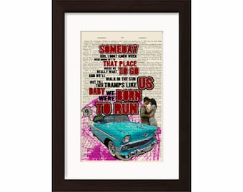Letra de la canción Born To Run de Bruce Springsteen impresa en una página vintage reciclada