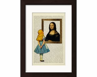 Alice Print     Alice meets Mona Lisa Print on upcycled Vintage Page mixed media original digital print