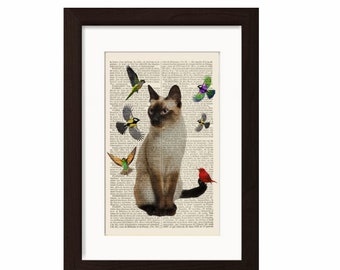 Gato amante imprimir gato siamés con pájaros impresión diccionario página de arte