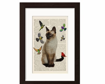 Cat Lover Print  Siamese Cat with Birds Print dictionary art page