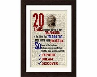 Mark Twain inspirierende Zitat zwanzig Jahre von jetzt Zitat auf Upcycled 1870 Wörterbuch Seite Wandkunst Mixed Media Kunst Weisheit