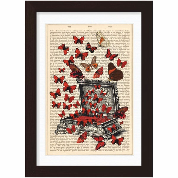 Bright Red Butterflies on Jewellery Box  Print on repurposed vintage 1870's page mixed media digital