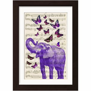 Purple Elephant with Purple Butterflies  print on upcycled Vintage 1920's Sheet Music Page mixed media digital page ink animal