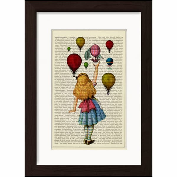 Alice släpper lös luftballonger blandteknik Tryck på återvunnen vintage ordboksida Bokkonst eller uppslagsverkssida