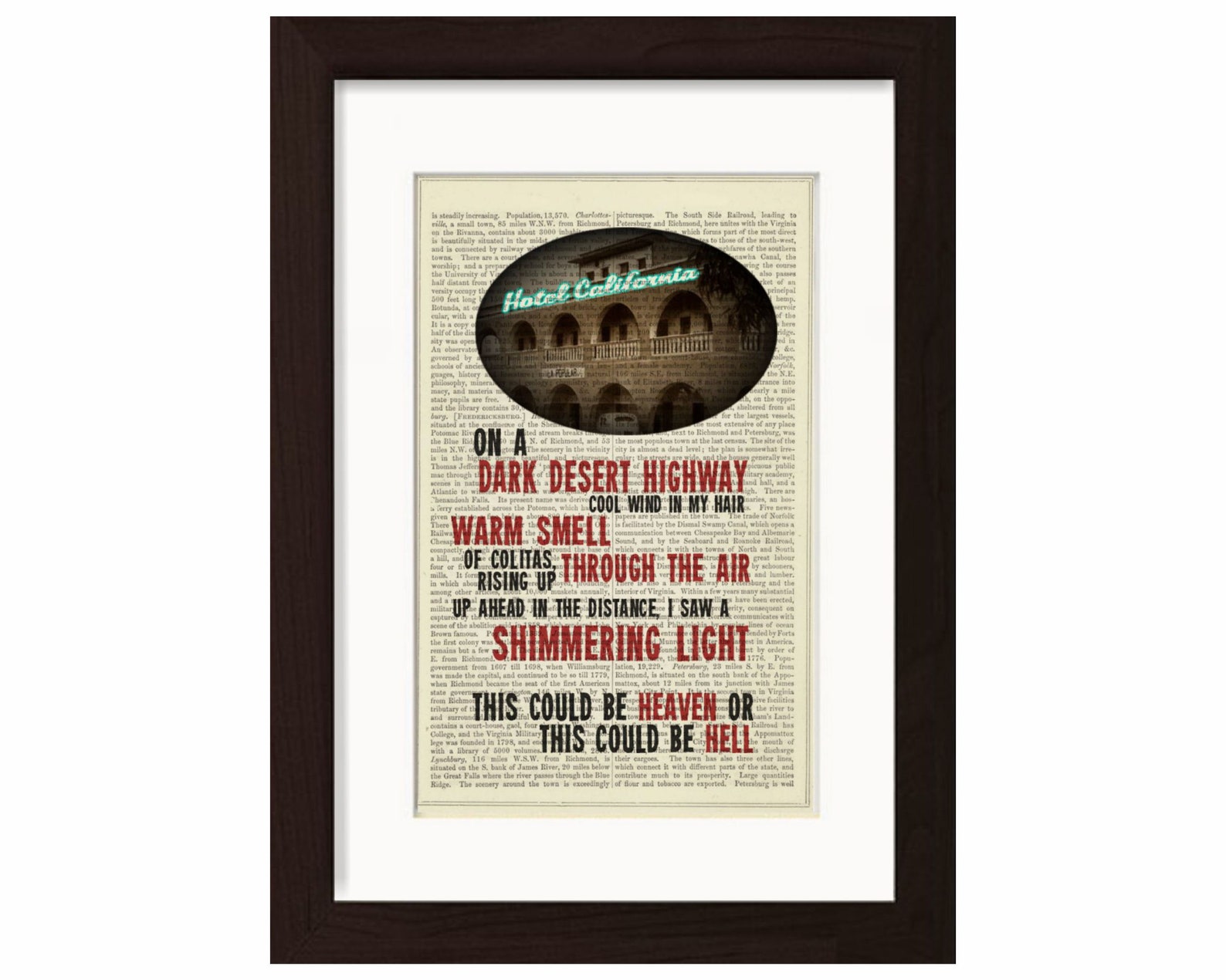 The Eagles Hotel California Song Lyrics Print on Upcycled Etsy