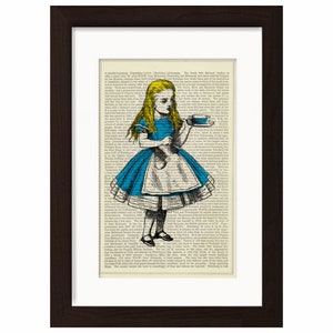 Alice In Wonderland with tea cup  print on vintage  upcycled book page