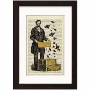 May include: A vintage illustration of a man in a suit holding a box with bees flying out of it. The image is printed on a page of a book with text in the background.