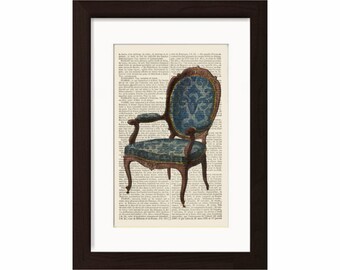 18. Jahrhundert französisch Möbel Louis XIV und Louis XV blau verziertwandteppich Stuhl 7 gedruckt auf einem 1870 Französisch Wörterbuch Seite Mixed Media