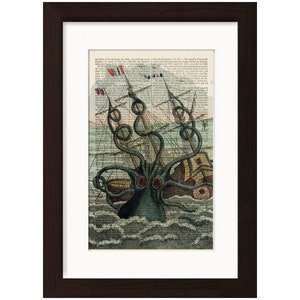 Kraken Kracken Nautical Cephalopod Marine Art Antique engraving Print on Vintage Repurposed French Dictionary 1870&#39;s Page Mixed Media