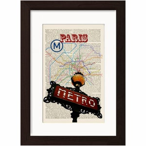 Old Paris Metro Sign con Metro Map Stampa su pagina in neonto del dizionario francese d'epoca
