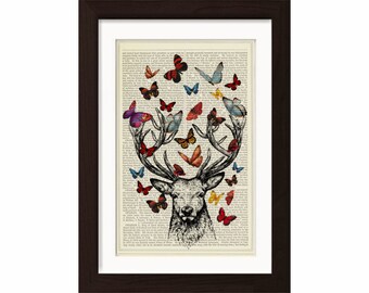 Ciervo Antlers Colorida Mariposas imprimir en vintage (1880) upcycled Dictionary Encyclopedia página de libro