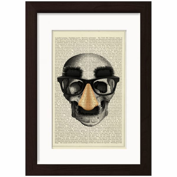 Groucho Maske Schädel Druck auf Vintage Upcycled Seite Mixed Media digital