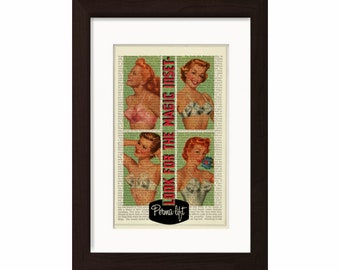 1950er Jahre Anzeige für Perma Lift Damen Brassieres 1 Druck auf Vintage (1860) Upcycled Buch Seite Mixed Media