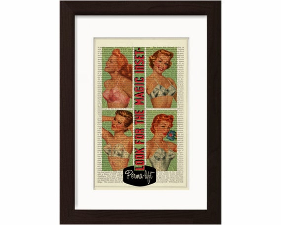 1950's Ad for Perma Lift Ladies Brassieres 1 Print on Vintage 1860's  Upcycled Book Page Mixed Media 