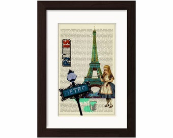 Alice paints Europe Paris Print on upcycled Vintage French Dictionary Page Mixed media Digital