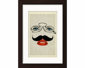 Eyes and Lips with moustache Altered Art  mixed media digital Print on repurposed 1870's  encyclopaedia Page