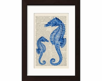 Blue Sea Horse  Print on Upcycled  Vintage Dictionary Page Book Mixed media digital Art Print