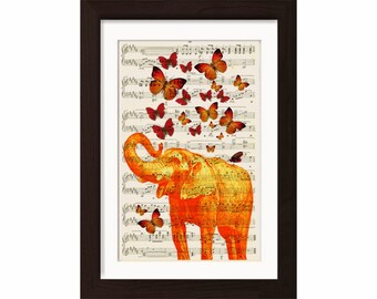 Orange Elephant with Orange Butterflies  print on upcycled Vintage 1920's Sheet Music Page mixedd media digital page ink animal