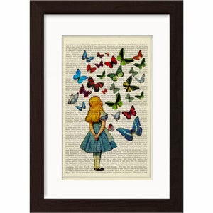 Alice Watching Butterflies mixed media Print on upcycled Vintage Page Book Art or Encyclopedia Page