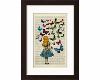 Alice Watching Butterflies mixed media Print on upcycled Vintage Page Book Art or Encyclopedia Page