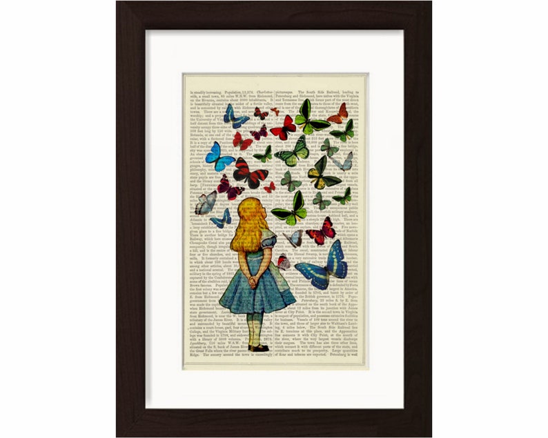 Alice Watching Butterflies mixed media Print on upcycled Vintage Page Book Art or Encyclopedia Page 