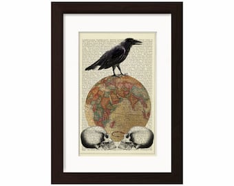 Raven on Globe with skulls print on vintage (1870's) upcycled book page mixed media