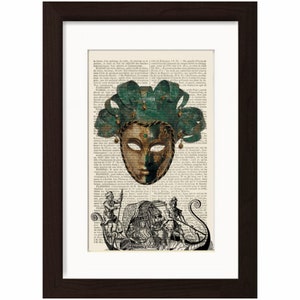 Antique Venetian Carnival Mask and Gondola  mixed media Print on Upcycled 1896 Latin English Dictionary Page