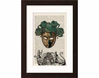 Antique Venetian Carnival Mask and Gondola  mixed media Print on Upcycled 1896 Latin English Dictionary Page