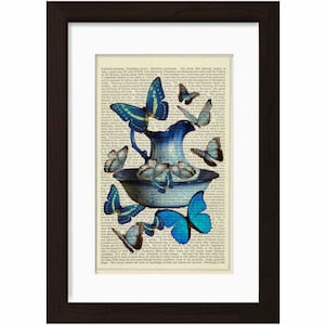 Blue Butterflies on Blue Jug Basin  Print on vintage upcycled dictionary encyclopedia page mixed media