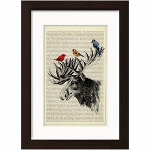 Moose head with colourful Birds Mixed Media Print on vintage upcycled page