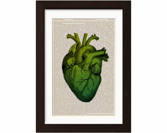 Green Heart  Print on upcycled  1870's encyclopedia History of England Page mixed media digital