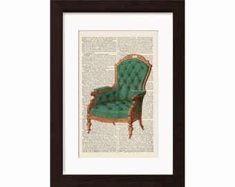 18th century French Furniture Louis XIV and Louis XV Green Button  Tapestry Chair 7 Printed on an 1870's French Dictionary page Mixed Media
