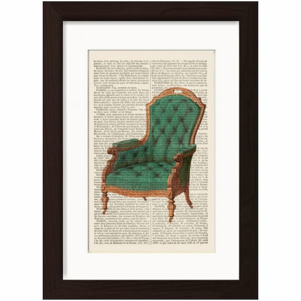 18th century French Furniture Louis XIV and Louis XV Green Button  Tapestry Chair 7 Printed on an 1870's French Dictionary page Mixed Media