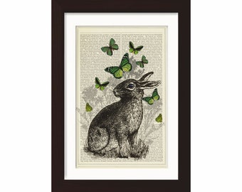 Rabbit with Green Butterflies print on vintage (1870's) upcycled Dictionary Encyclopedia book page