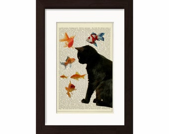 Cat Lover Print  Black Cat with Goldfish Print on repurposed vintage Dictionary  page Book Art Print Mixed Media