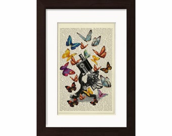 Vintage Microscope and Butterflies print on vintage (1870's) upcycled book page mixed media digital