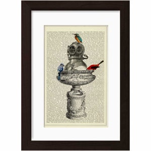 May include: Framed art print featuring a vintage illustration of a diving helmet atop a decorative pedestal, adorned with colorful birds. The artwork is set against a backdrop of aged book pages, encased in a dark brown frame.