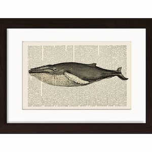 Whale Print 2  - Very Old Whale Antique engraving Print on  Repurposed 1870&#39;s Dictionary Page mixed media  digital wall art home and living