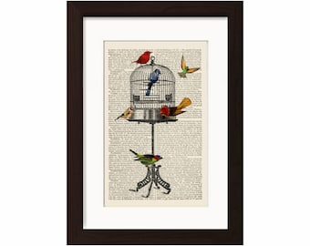 Coloridas aves con vintage jaula impresión en 1900 Español Diccionario Francés Recycled Libro Página de medios mixtos digital
