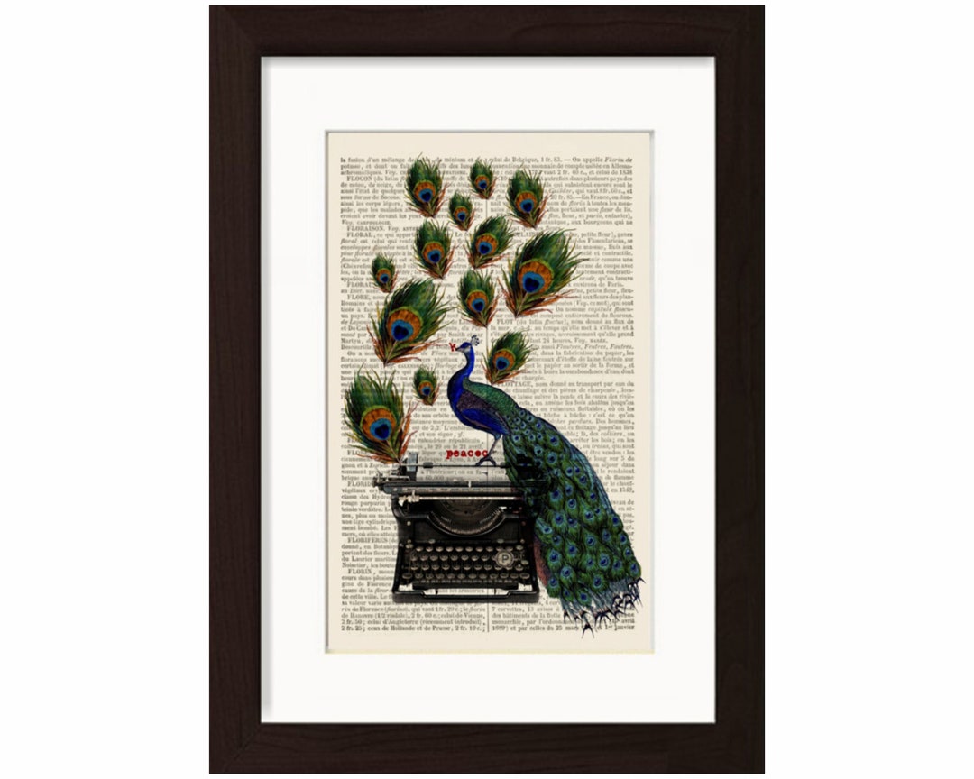 Peacock With Typewriter Print on Vintage Upcycled French English Dictionary Page Mixed Media