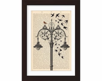 Classic Dublin Lamppost with birds and Robin Dublin Ireland mixed media  Print on repurposed 1870's book page