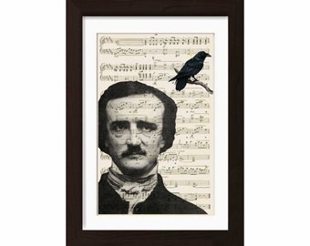 Edgar Allen Poe con Raven Print en upcycled Vintage Partituras Página de medios mixtos