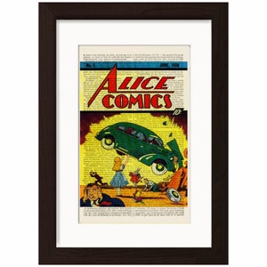 May include: A vintage comic book cover featuring a green car flying in the air with a woman in a blue dress and white apron standing underneath. The comic book is titled "Alice Comics" with the number 1 and the month June 1938.